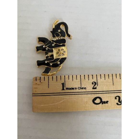 Vintage Gold & Black Enamel Elephant Trunk Up Brooch with Rhinestones - Picture 6 of 6